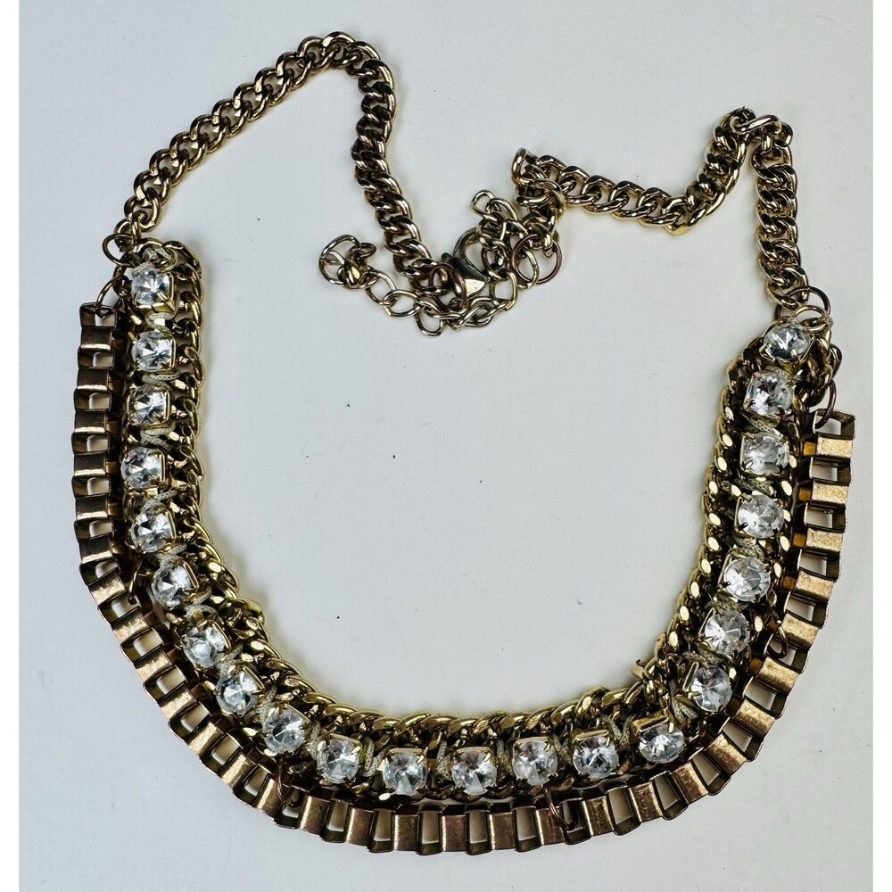 Vintage Gold Tone Chain Statement Necklace Clear Rhinestones 18” + 3” Ext